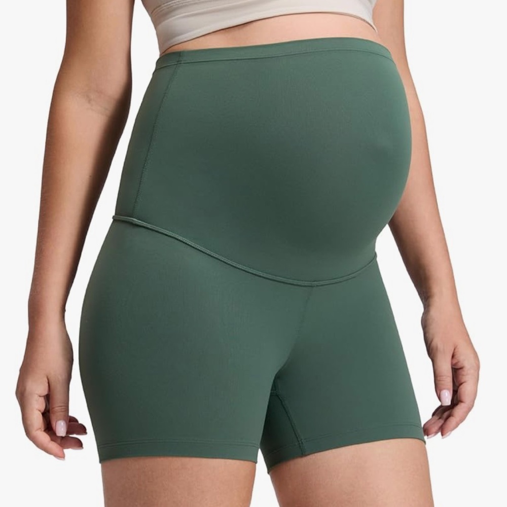 CRZYOGA Butterluxe Maternity Biker Shorts 4" Over The Belly XS Dark Forest Green